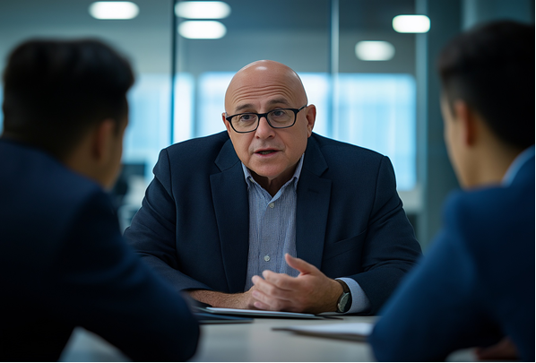 Steve Cohen speaking to two people in conference room