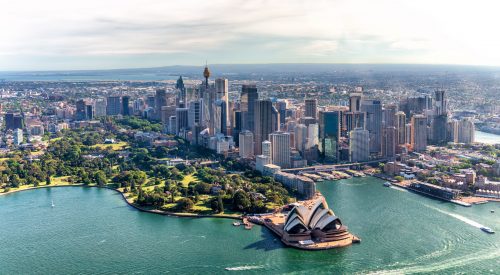 Aerial view of Sydney Harbor and Downtown Skyline, Australia