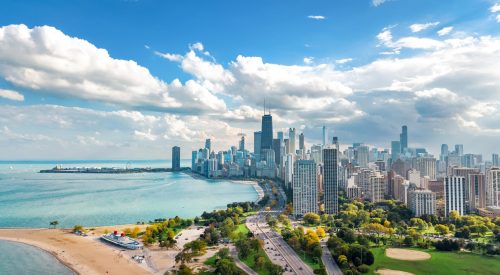 Chicago skyline aerial drone view from above